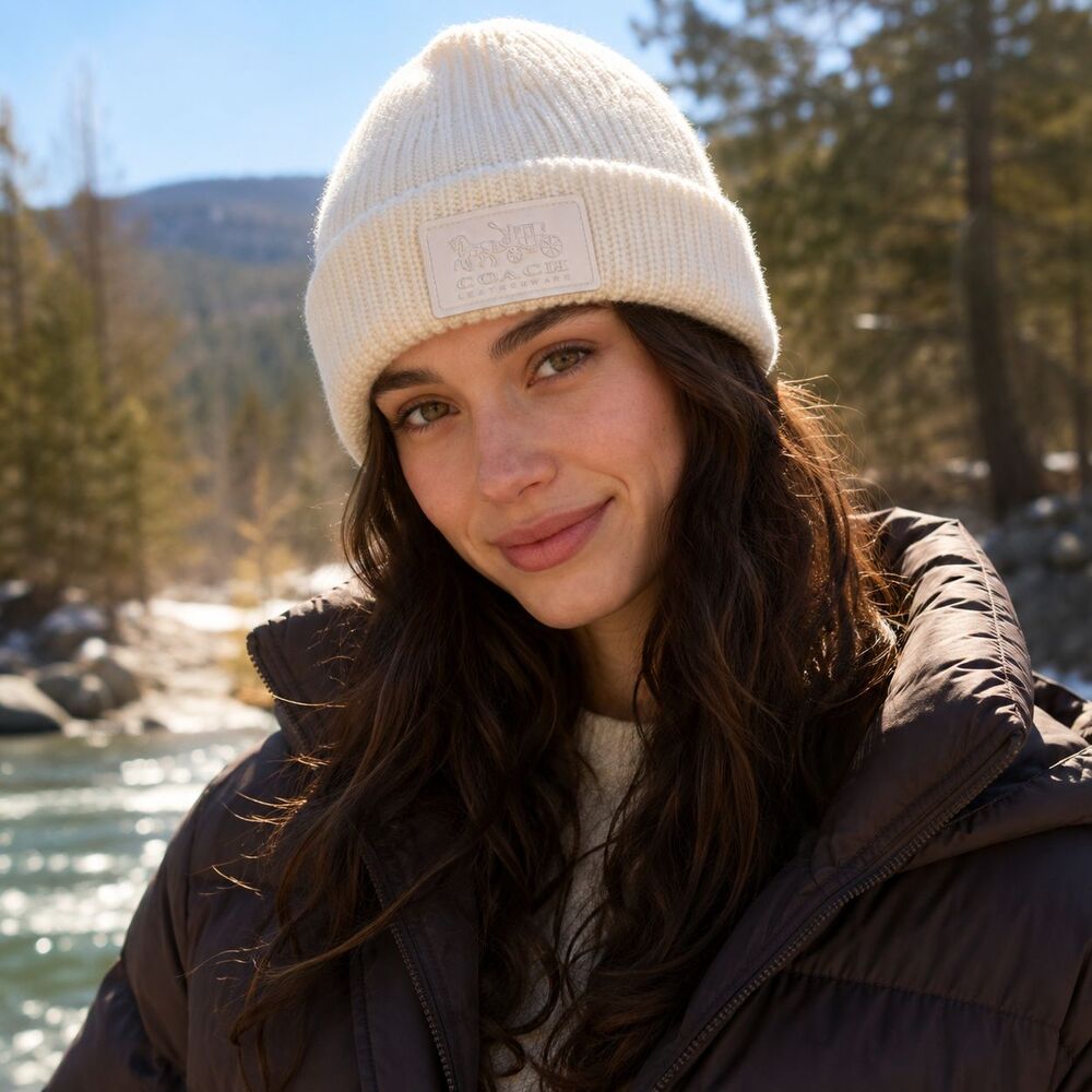 NWT Coach Knit Beanie Hat Chalk Wool Blend Rubber Patch